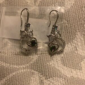Silver Heart Drop Earrings with Green Mystic Stones and Cubic Accents
